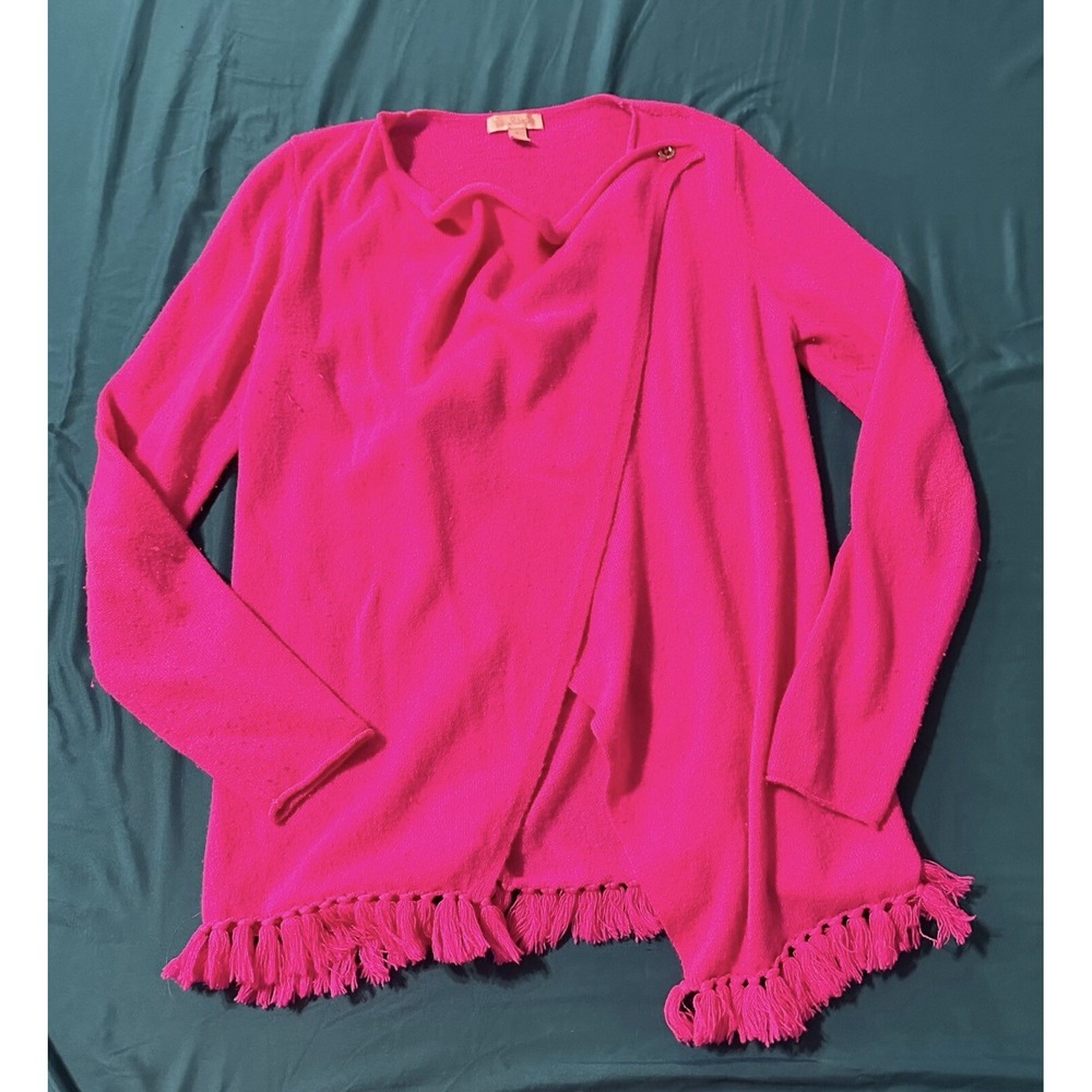 Lilly‎ Pulitzer Alina Cashmere Fringe Trim Pink Cardigan S Knit Cottagecore